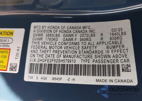 2025 Honda Civic Sport from USA, damaged, VIN 2HGFE2F52SH579910